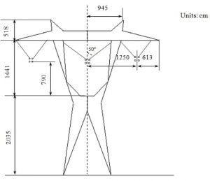 fig8-300x259 fig8-300x259 Fig. 8. Geometry and dimensions of 765 kV power line tower with four sub-conductor bundles. Distribution Electric Field & Voltage Distribution Along Non-Ceramic Insulators fig8 300x259