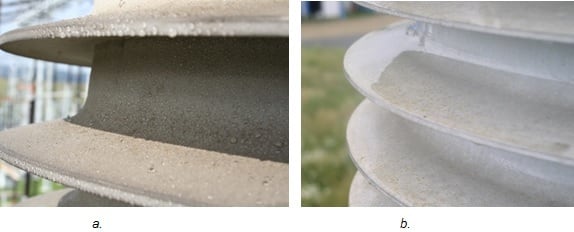 Comparison of hydrophobicity of wetted surfaces on housings with no degradation (a) and some degradation (b) Comparison-of-hydrophobicity-of-wetted-surfaces Comparison-of-hydrophobicity-of-wetted-surfaces hydrophobicity of wetted surfaces rtv silicone coating Applying RTV Silicone Coatings to Restore Degraded Composite Housings Comparison of hydrophobicity of wetted surfaces