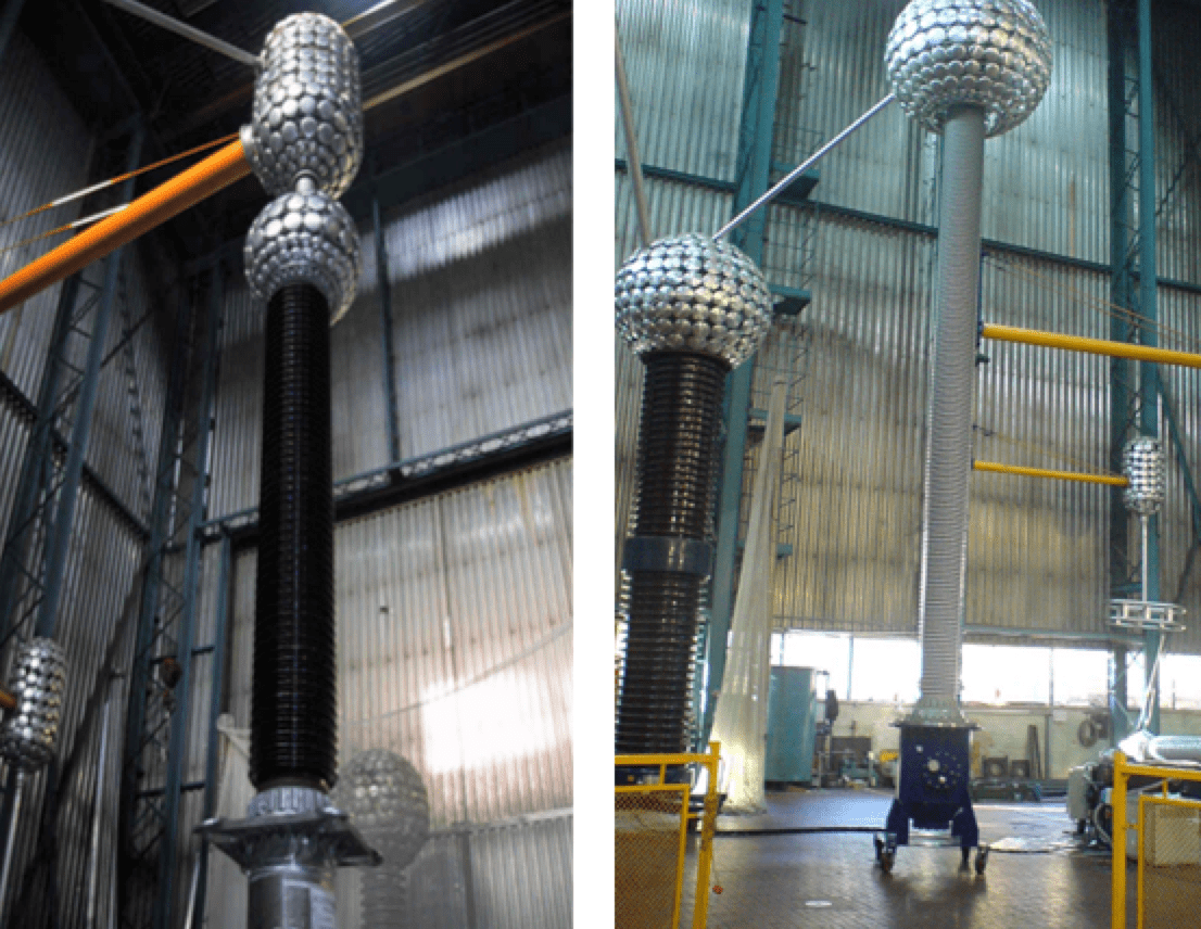 Gas-insulated-bushings-with-porcelain-left-and-composite-insulator-right-under-test Gas-insulated-bushings-with-porcelain-left-and-composite-insulator-right-under-test Fig. 6: Gas-insulated bushings with porcelain (left) and composite insulator (right) under test. safety Optimizing Safety of HV & UHV Bushings Gas insulated bushings with porcelain left and composite insulator right under test