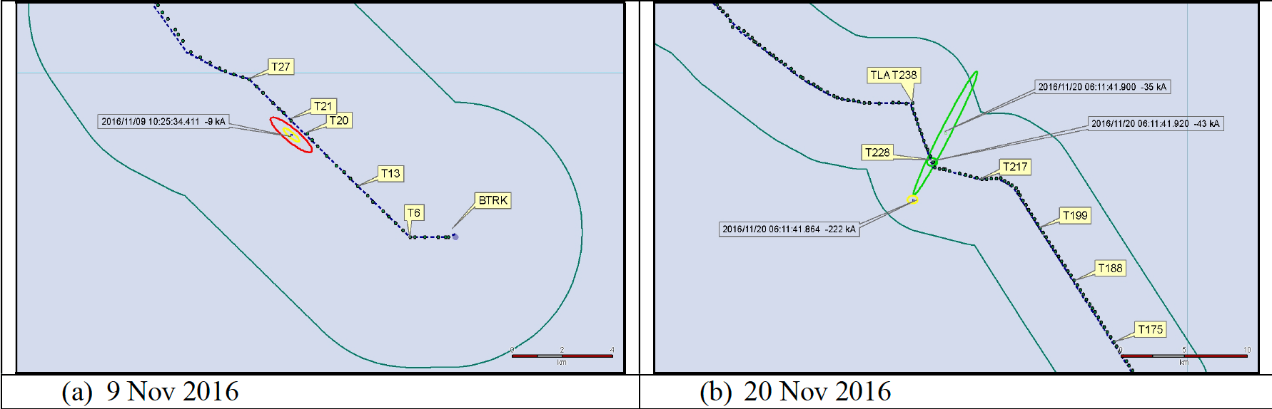 Outage-event-recorded-with-detected-lightning-strokes Outage-event-recorded-with-detected-lightning-strokes Arrester arrester Arresters Improve Transmission Line Performance in Malaysia Outage event recorded with detected lightning strokes