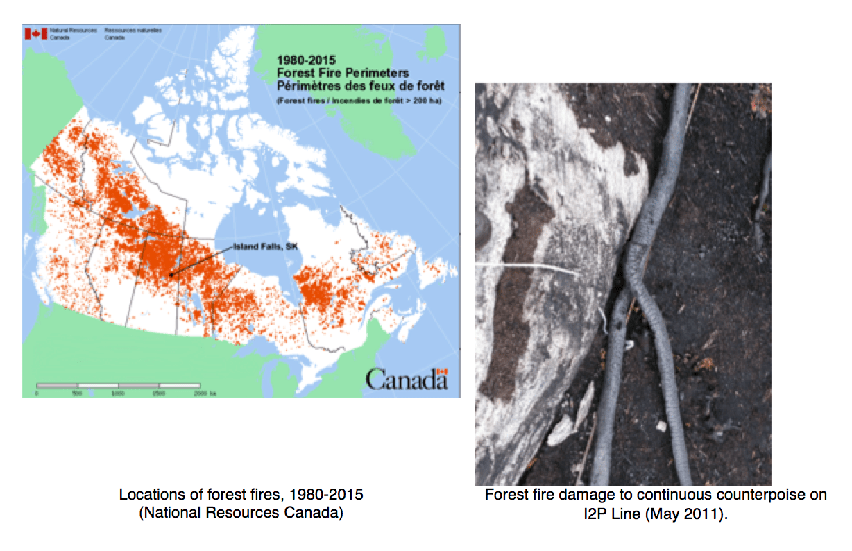 Forest-fire-locations-and-observed-damage-to-continuous-counterpoise Forest-fire-locations-and-observed-damage-to-continuous-counterpoise line arrester Achieving Long Service Life for Transmission Line Arresters Forest fire locations and observed damage to continuous counterpoise
