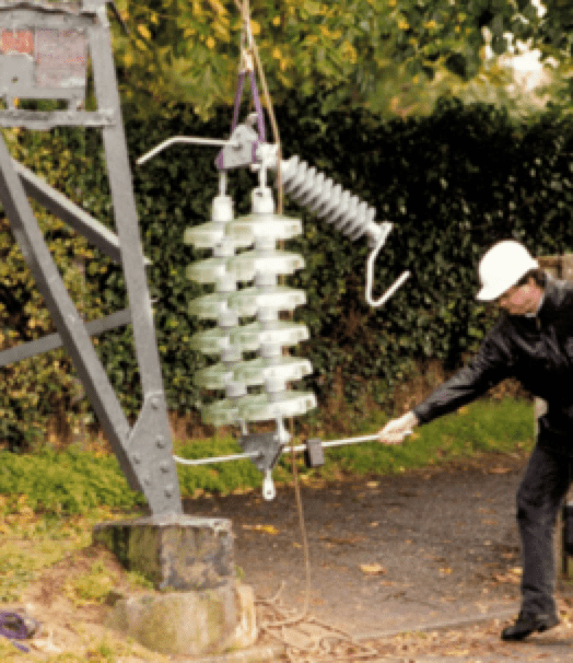 Insulator-assembly-equipped-with-EGLA-ready-to-be-hoisted Insulator-assembly-equipped-with-EGLA-ready-to-be-hoisted line arrester Line Arresters Mitigate Ground Potential Rise on Towers & Improve Electricity Quality Insulator assembly equipped with EGLA ready to be hoisted