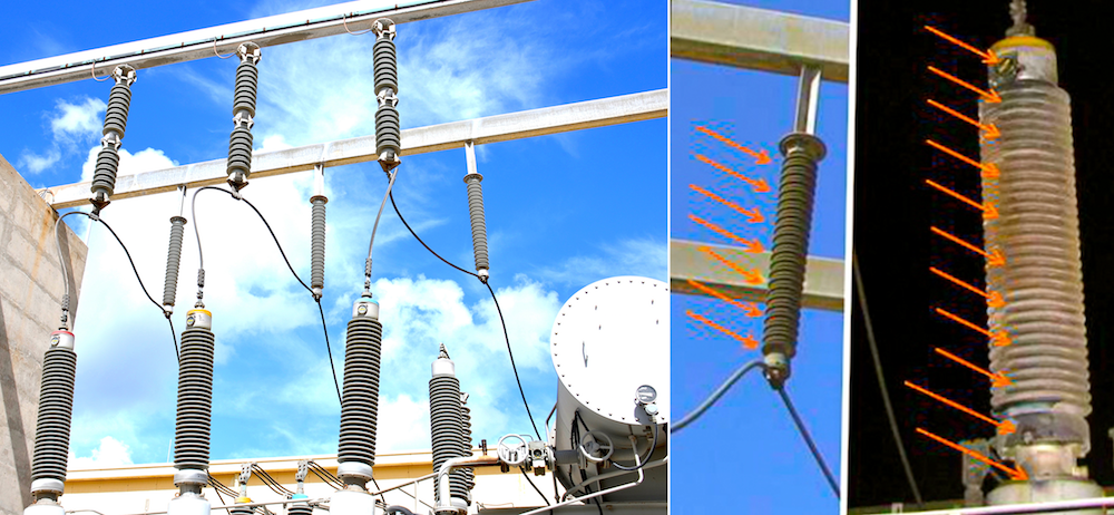 Inverted-station-post-and-bushing-center-unit-that-flashed-over-due-to-construction-dust-and-salt-spray-from-nearby-cooling-towers Inverted-station-post-and-bushing-center-unit-that-flashed-over-due-to-construction-dust-and-salt-spray-from-nearby-cooling-towers bushings Composite Bushings with RTV Coatings Combat Pollution at Substation in Israel Inverted station post and bushing center unit that flashed over due to construction dust and salt spray from nearby cooling towers