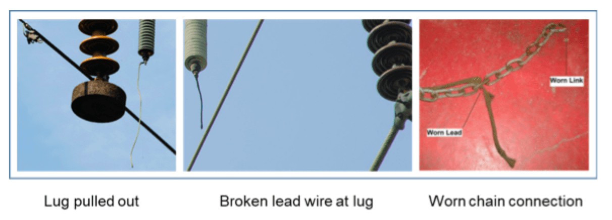 Examples-of-typical-NGLA-lead-failures- Examples-of-typical-NGLA-lead-failures- Learn About Mechanical Testing of Connection Leads for Transmission Line Arresters at the 2019 INMR WORLD CONGRESS Examples of typical NGLA lead failures