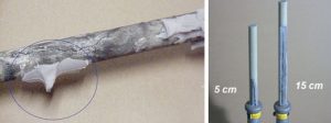 Fig. 4: Examples of deliberate internal defects used to investigate effectiveness of IR detection (left: tracking mark/right: channel with conductive moisture).