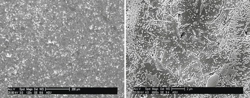 Microstructure of new porcelain insulators from two manufacturers shows large quality difference, with micro-cracks and interconnected pores evident in insulator at bottom.