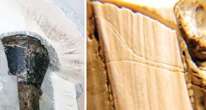 Puncture of field aged porcelain insulators. Photo on right shows multiple partially conducting channels and puncture paths that, while not complete short circuits, are still unable to hold more than 10 kV in laboratory puncture test. Modes of insulator failure