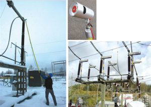 Installation of temperature sensor on disconnector using hot-stick and example of installation on 130 kV disconnector. Inset shows tool developed for live line installation.