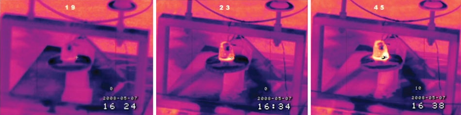 Sequence of combined UV and IR images shows energized cap & pin insulator with crack through the porc