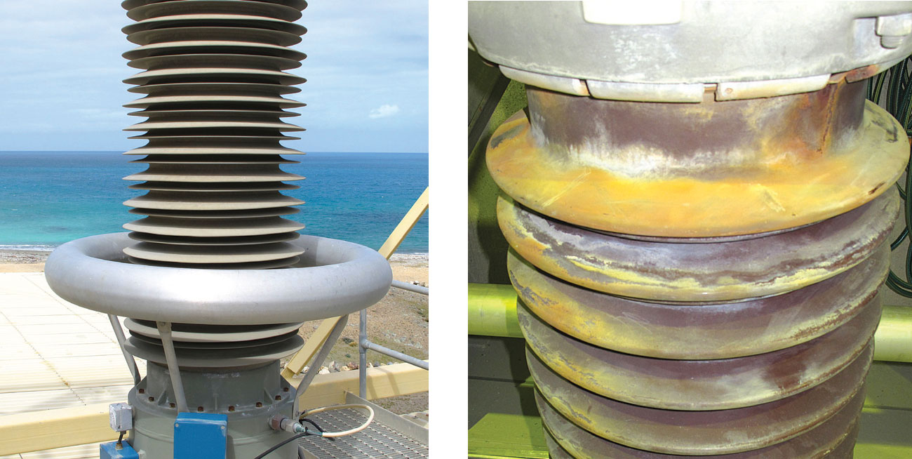 Silicone housing on bushing exposed to coastal pollution in New Zealand. Pollution accumulated on porcelain removed from same site (right).