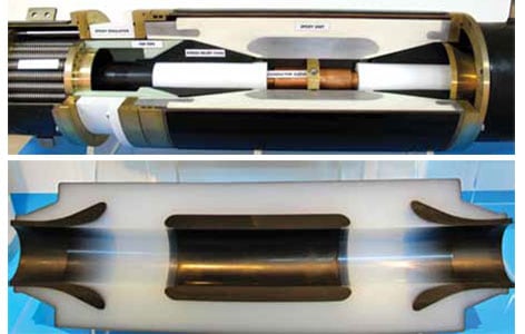 Pre-fabricated cable joints for 400 kV (top right) are increasingly being replaced by pre-molded joints with integrated stress relief devices (example at left designed for 161 kV).