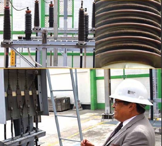 (top) Changeover of cable technology from oil and paper to XLPE. Solis smiles at substation’s old cable earthing system, still in operation. Termination (right) shows evidence of pollution accumulation at Veronica substation.