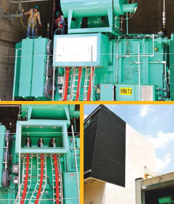 230/23 kV 3 phase transformers stand alongside new structure housing newest GIS at Veronica.