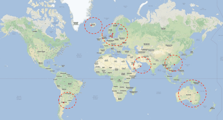 Fig. 3: Geographical location of sites included in survey (red circles).