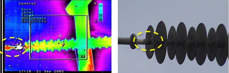 Polymeric insulator, live end with corona and infrared hotspot.