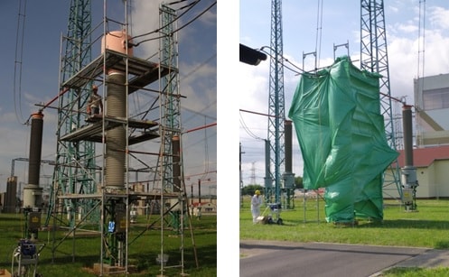 Scaffold erected around transformer and shielded from wind. Scaffold-erected-around-transformer Scaffold-erected-around-transformer erected around transformer and shielded from wind. rtv silicone coating Applying RTV Silicone Coatings to Restore Degraded Composite Housings Scaffold erected around transformer