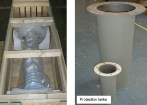 Storage bag for whole bushing (left) and protection tank for oil part end.