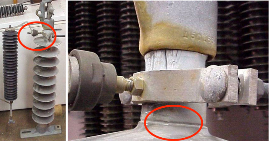 Poor attachment point between line insulator and installed NGLA. In this example, energized end of arrester is clamped to insulator housing material, causing severe erosion and possible mechanical damage to polymeric insulator.