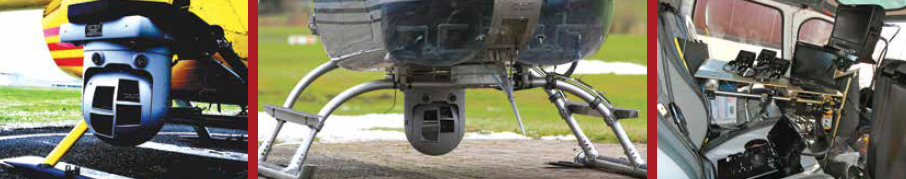 (Left) four integrated sensors have same direction of view in platform/gimbal installed on side mount. (Center) Four sensor gimbal installed on belly of a Bell 206 JetRanger. A gyro-stabilized platform eliminates helicopter vibrations. (Right) Operator workstation has display for each sensor and can monitor all channels to handle data capture.