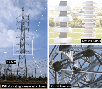 Fig. 2: Outlook of transmission tower at Niitsu observation site and installed test insulators and CCD cameras.