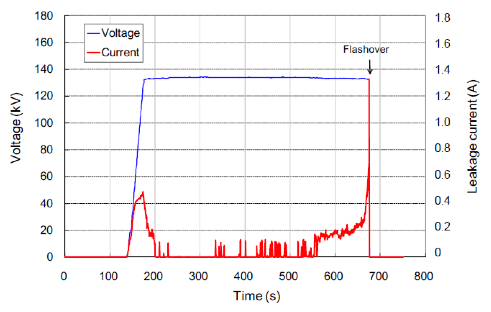 Fig. 17: Time variation of voltage and leakage current during test.