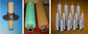Early prototype of RIS bushing condenser core (left), wound fabric structure (middle left) compared to traditional paper (middle right) and examples of new oil-air RIS bushings for 24 kV to 170 kV.