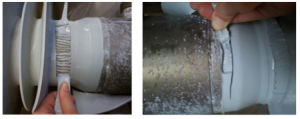 Adhesion of silicone to epoxy (left) and to aluminium after water immersion test.