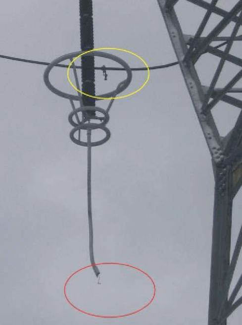 Line arrester separated from phase on a tower.
