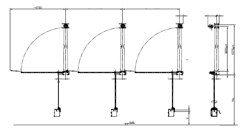 Fig. 6: Schematic of 420 kV three-pole AC earthing switch with hybrid solid core post insulators, C15.5-1675. 