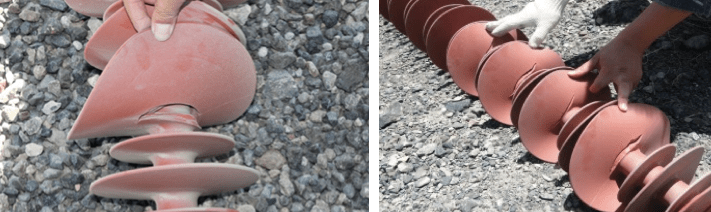 Fig. 1: Examples of shed tearing on composite insulators in service on 750 kV lines.