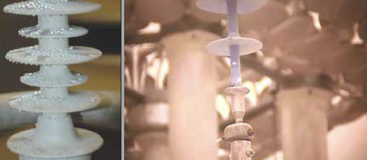 Fig. 8: Pre-test results on short insulators. (left) Insulator covered by water drops produced by hand spray according to IEC TS 62073. (right) Water drop corona observed by UV camera.