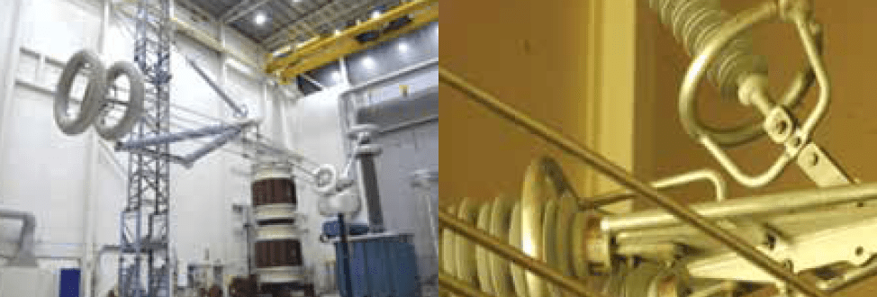 Fig. 15: Example of application WDCI test for full-scale insulated cross-arm for 380 kV voltage class. (left) Set-up. (right) Absence of corona activity.