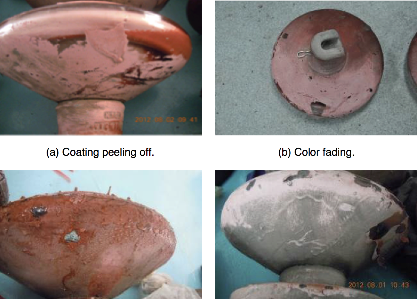 Fig. 2: Examples of degradation affecting RTV coated insulators.