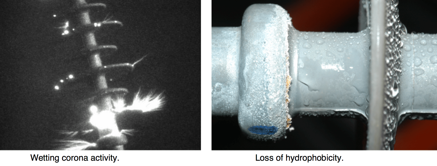 Fig. 1: Water induced corona activity and resulting loss of hydrophobicity on composite insulator.