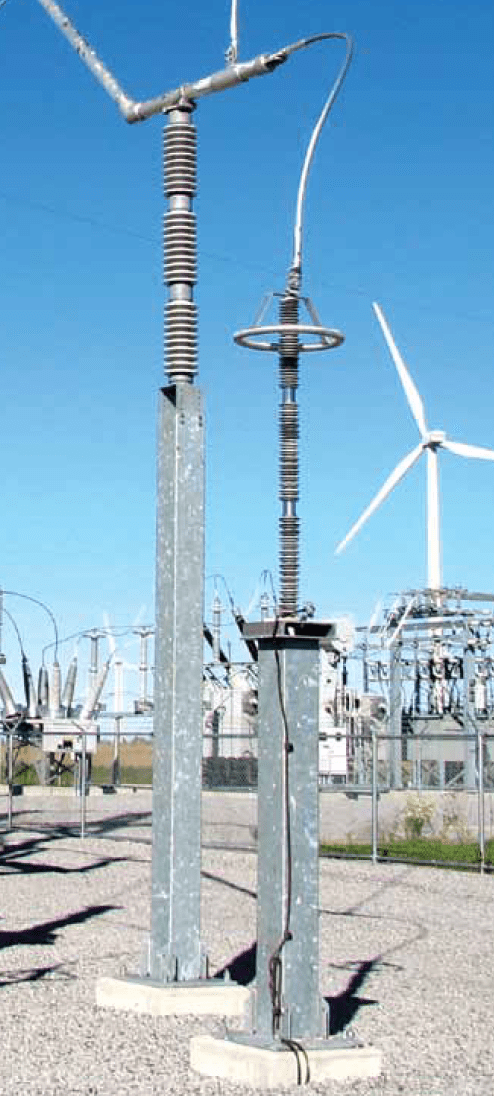 144 kV Uc arrester on pedestal at wind farm collector substation.
