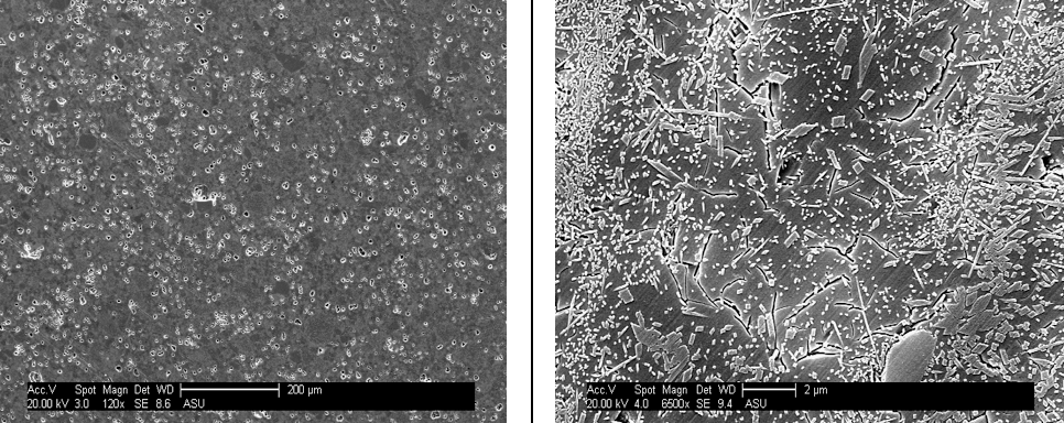 Fig. 1: Microstructure of porcelain insulators in new condition from two manufacturers indicating large difference in quality. Insulator on left is of good quality, while insulator on the right shows microcracks and interconnected pores.