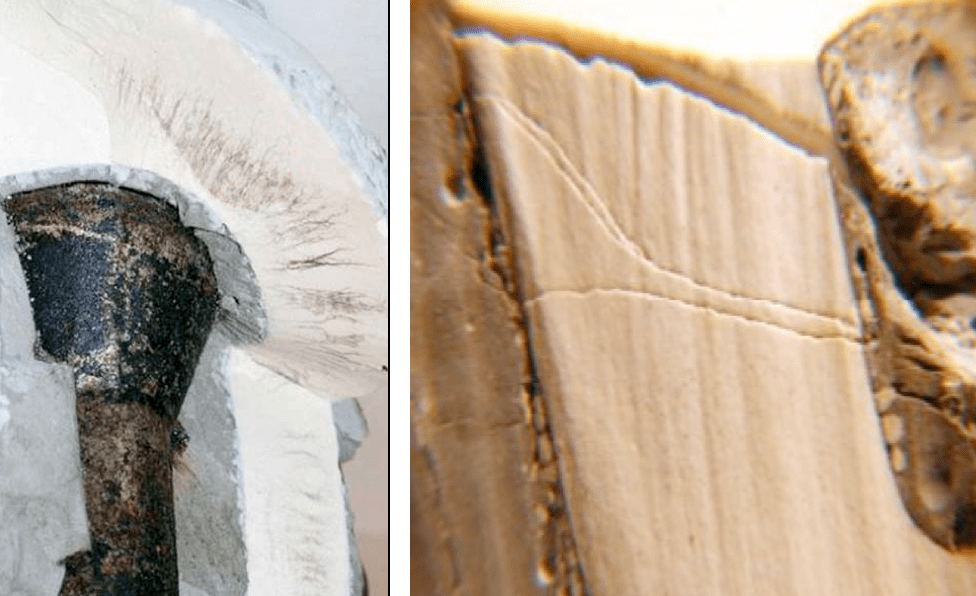 Fig. 2: Puncture of field aged porcelain insulators. Photo on right shows multiple partially conducting channels. Photos show puncture paths that are not complete short circuits but unable to not hold more than 10 kV in laboratory puncture test.