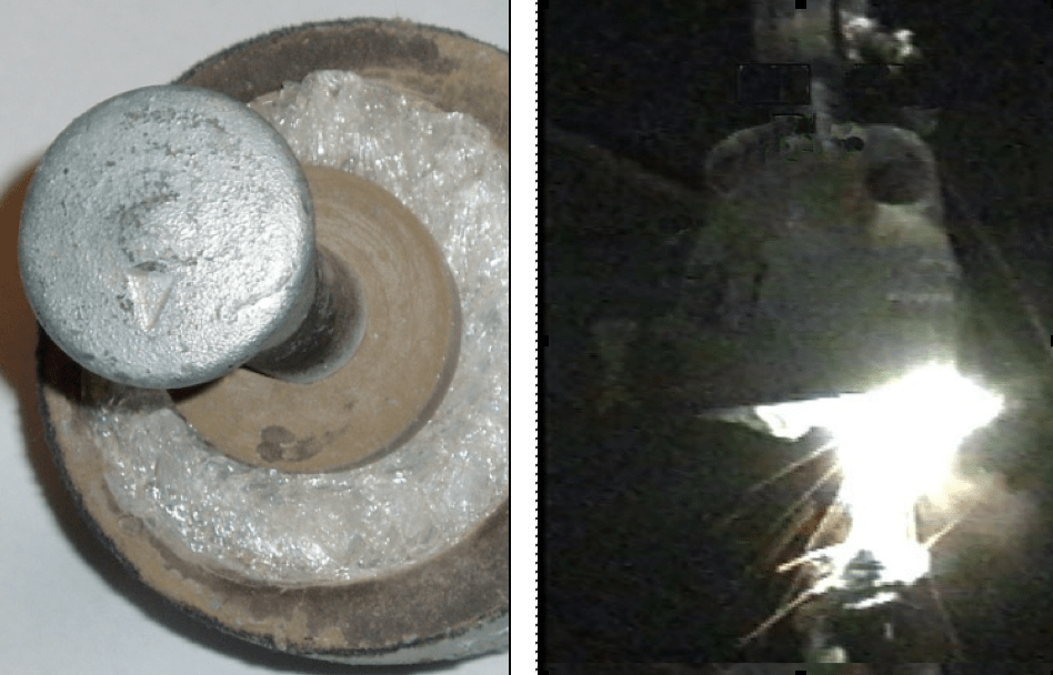 Fig. 4: Stub with entire external glass shell missing (right); flashover of stub at 10-15 kV, demonstrating that current cannot flow inside stub (right).