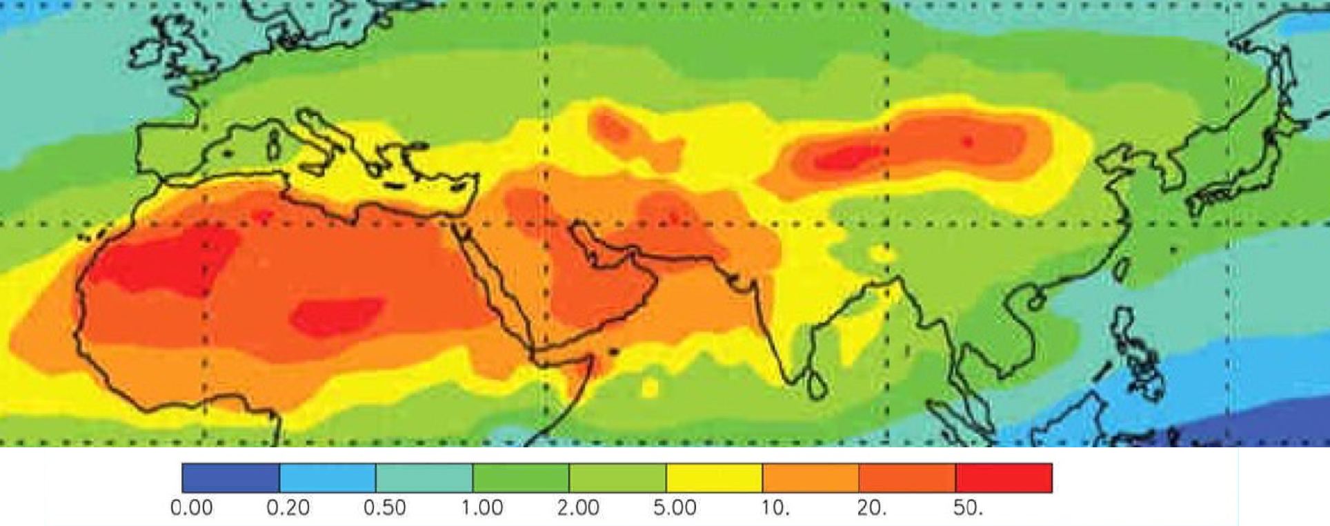 Fig. 3: Annual dust deposit rate (g/m2/year) from satellite optical depth (detail from Jickells et al., Science, 308, 67-71/2005).