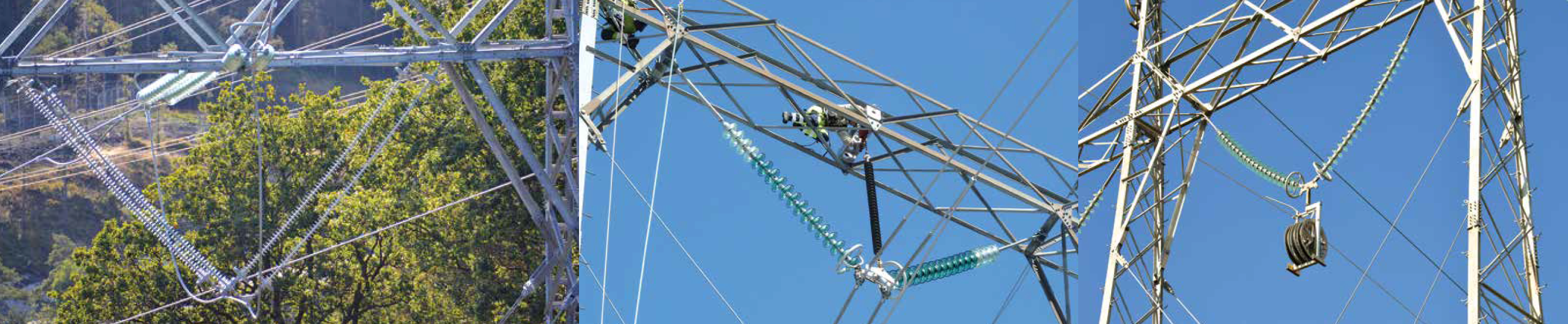 Glass insulators dominate transmission lines in Norway such as for new triplex 420 kV line (top) but composite types have found selective applications, such as during line upgrades (center & bottom).