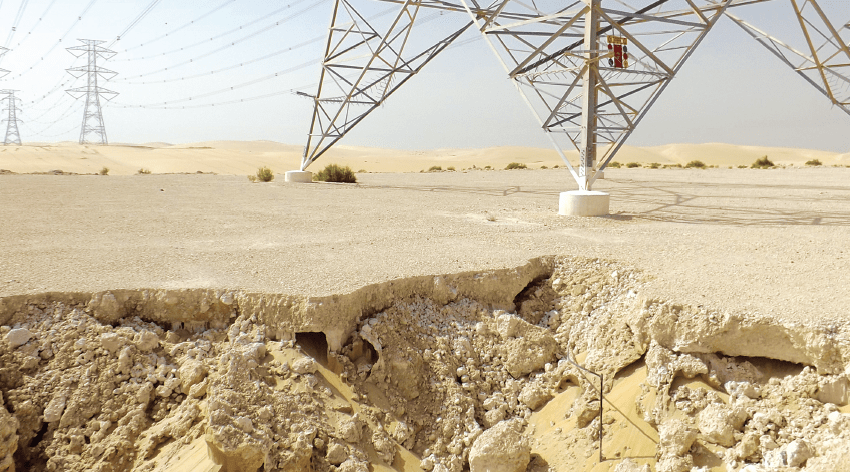 Examples of flooding and erosion in Saudi Arabia caused by unexpected torrential rains.