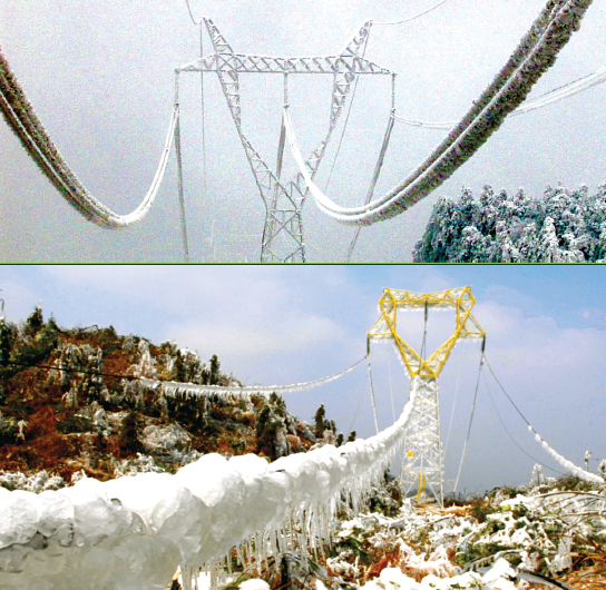 Examples of heavy ice accretion on conductors in China.