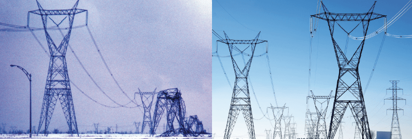 Toppled towers on 735 kV line in January 1998 (left) and same perspective today.