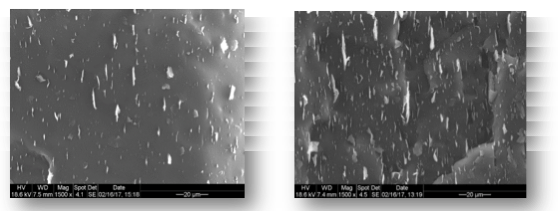 EM images of freeze-fractured surfaces of nano-composites filled with respectively 1% (left) and 5% (right) GnP. Materials Toward Development of Insulators of the Future