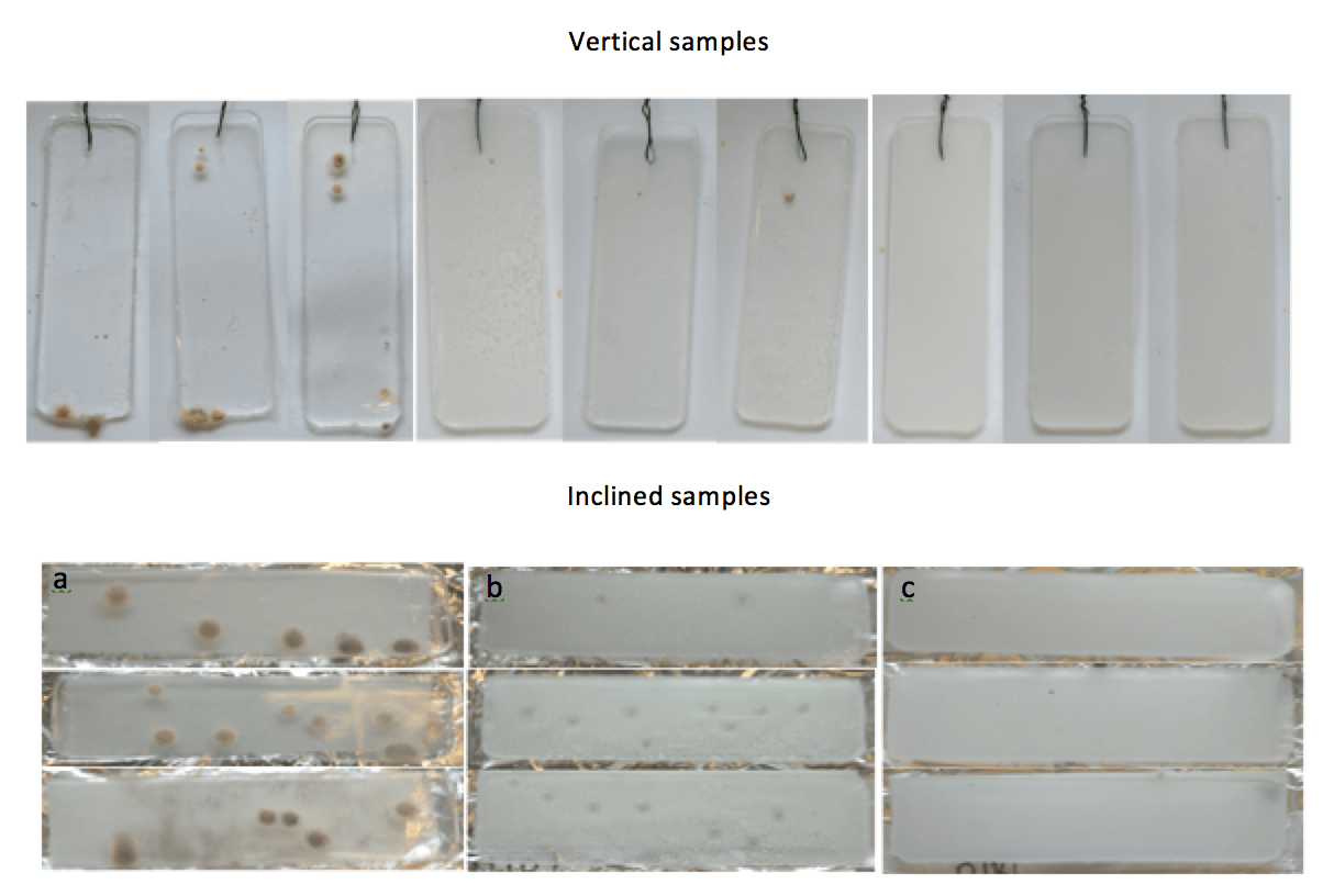 Effect of spray-deposited nanoparticles on micro-organism formation after 28 days incubation. (left) Reference silicone (center); Silicone sprayed with ZnO; (right) Silicone sprayed with modified ZnO (by permission of E. Strömberg). Materials Toward Development of Insulators of the Future