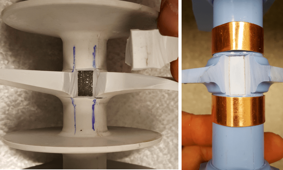 Fig. 21: Example of pull-off test result where adhesive separation occurred at interface (left) and cohesive separation occurred inside rubber (right). CLICK TO ENLARGE
