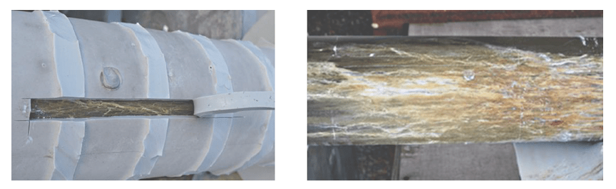 Fig. 2: (left) Example of weak adhesion revealed by simple stripe test; (right) example of deterioration at interface rod/housing penetrating into rod.