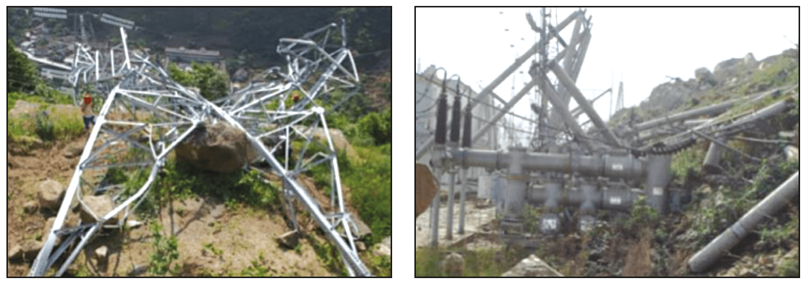 Examples of damage to power infrastructure and equipment due to earthquake.