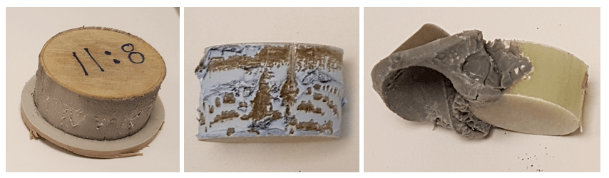 Fig. 19: Examples of shear stress test results illustrate high, intermediate and low level of adhesion (from left to right).