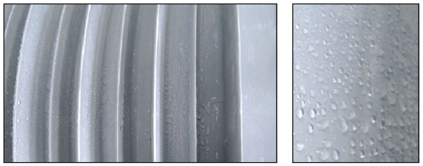Fig. 10: (left) 24 hours after pollution test: (HV electrode on left side, (right) close-up of droplets. CLICK TO ENLARGE